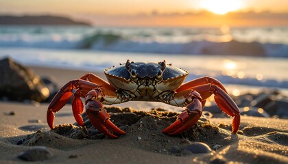 A crab sits on a sandy beach with breaking waves behind it under a warm, golden sunrise sky