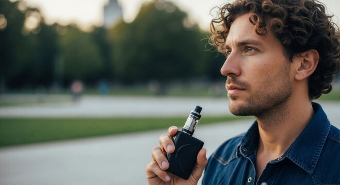 Modern lifestyle scene — young man using electronic cigarette, curly hair, outdoor vaping in park, alternative concept - Powered by Adobe