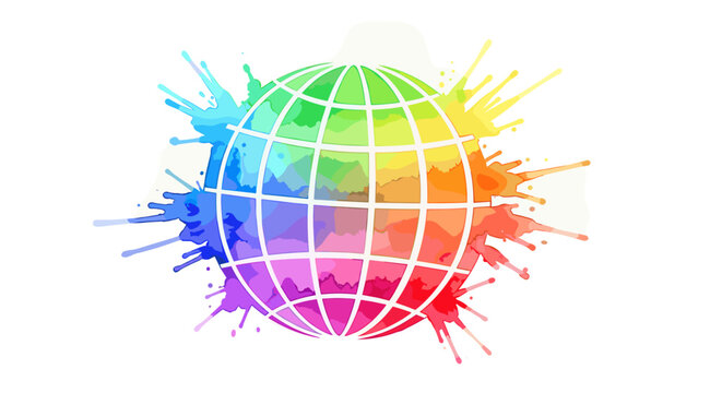 Colorful globe with paint splashes in vibrant rainbow hues  