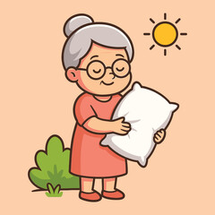 Cartoon Grandma with Gray Hair Holding a White Pillow Under a Smiling Sun.