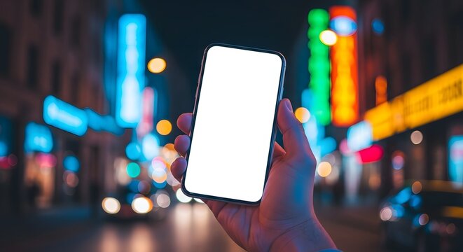 Hand holding a smartphone with a blank white screen against a blurry background of city neon lights at night.