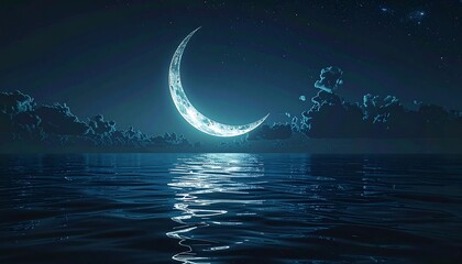 A crescent moon hangs low over a calm, reflective sea, with soft clouds drifting in the deep blue night sky