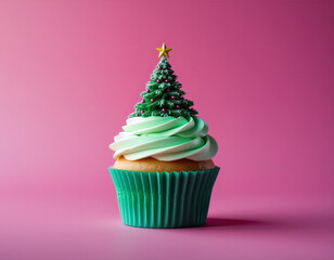Creative Christmas tree cupcake with green frosting and gold star on pink background. Festive holiday dessert concept.