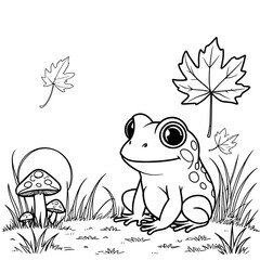 Frog sitting in grass with mushrooms and maple leaf coloring page vector illustration