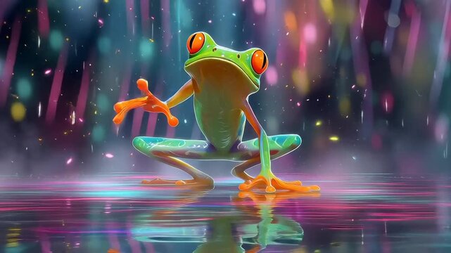 Vibrant red-eyed tree frog posing in colorful night