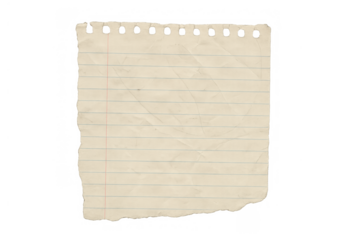 Torn page of old lined notebook paper with holes and aged crumpled texture, blank empty space for notes or message