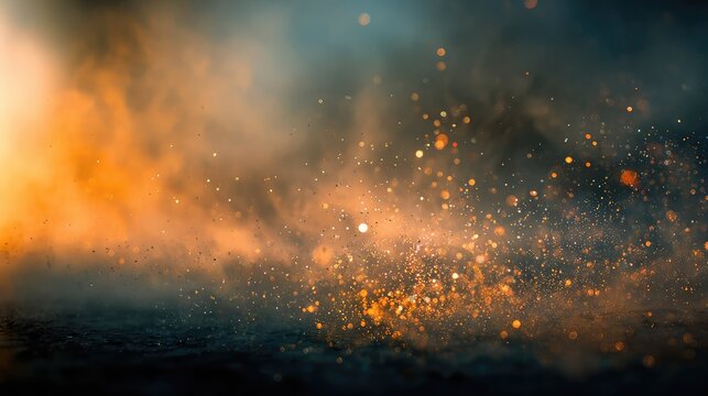 Golden glowing particles sparkling with smoke and bokeh light