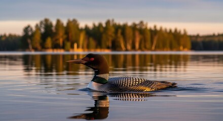 Tranquil waters serene reflection common loon on a still lake illuminated soft light