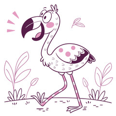 Cartoon Flamingo Walking in a Garden, Art, White Background
