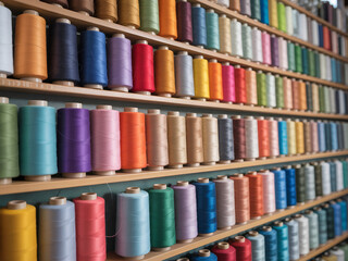Colorful Spools of Sewing Thread in Tailor Workshop – Rainbow Textile Background