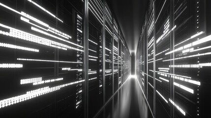 Data center corridor with glowing data streams flowing