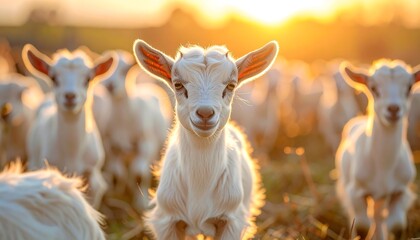 Obraz premium A cute goat stands out among its herd, bathed in golden sunset light, making direct eye contact with the viewer