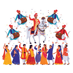A vibrant indian wedding procession with the groom on a horse, dancers, and drummers isolated on a colorful celebration of love and tradition