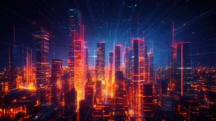 Smart city connecting data network with glowing skyscrapers
