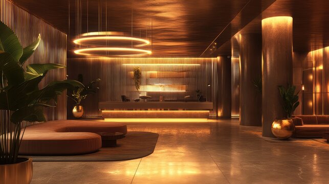 Modern luxury hotel lobby welcoming guests with warm lighting