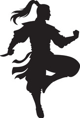 Fototapeta premium Silhouette of a Chinese warrior in a dynamic pose, with a ponytail and traditional attire, embodying strength and martial arts prowess.