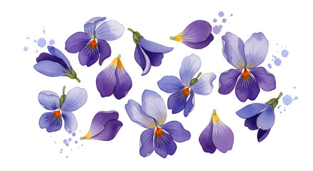Obraz premium Scattered collection of delicate purple violets with water droplets, perfect for spring and floral designs
