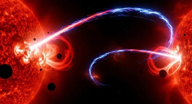Explore solar flares and magnetic reconnection between stars in space astronomy illustration