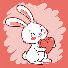 Cute pink cartoon baby bunny rabbit with heart illustration for Valentine's Day holiday art
