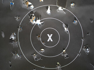 Old practice shooting target, damaged gun, bullet traces	
