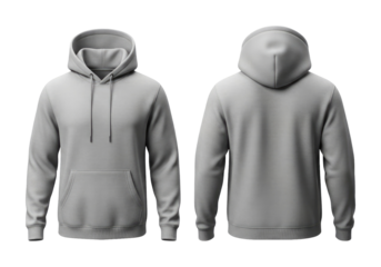 Gray Hoodie Mockup, Front and Back View, Cut Out, Clipping Path, Isolated on a Transparent PNG Background.