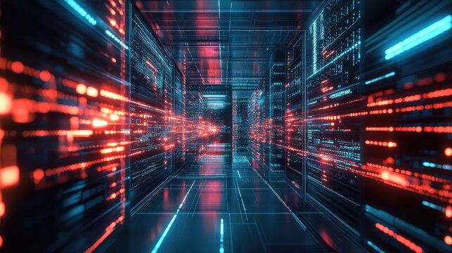 Big data flowing through digital server racks in data center