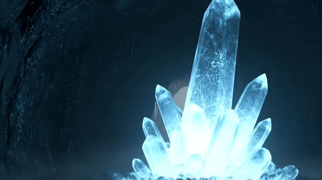 Mystical Glowing Blue Crystal Formation in a Dark Subterranean Cave.