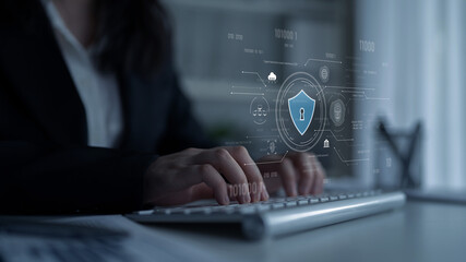 Cyber security interface with biometric and AI-powered protection system. Cyber security secures...