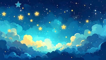 A digital painting of a nighttime sky with fluffy clouds and glowing stars, blue-tinged, and whimsical in style