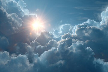The bright sun shines through dramatic cumulus clouds in a vast blue sky with birds flying in the distance