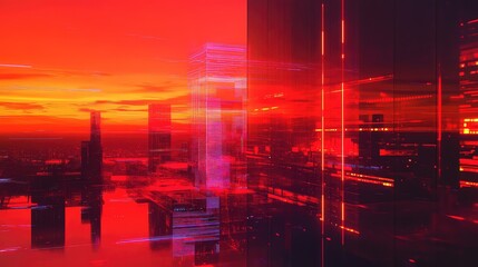 Futuristic city red sunset abstract digital landscape