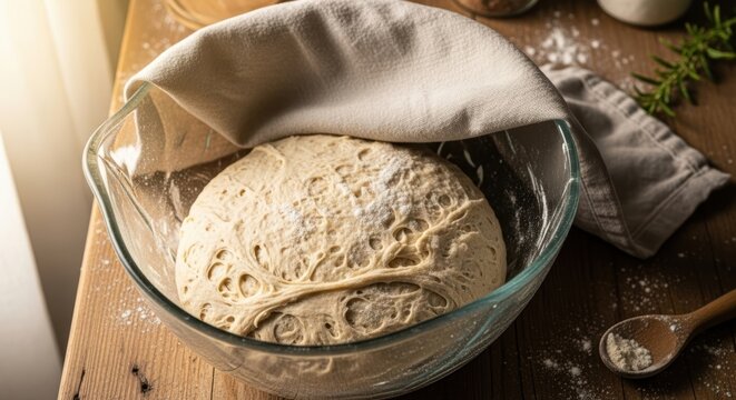 Fermenting dough in a glass bowl