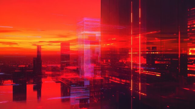 Futuristic city red sunset abstract digital landscape