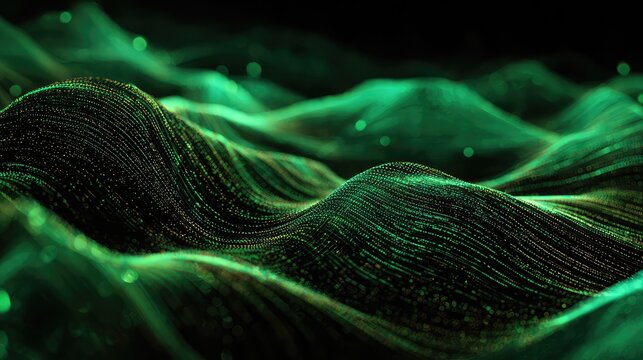 Abstract green flowing digital particles data network