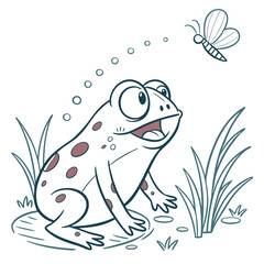 Cartoon Frog with Spots Staring at Butterfly and Bubbles on White Background