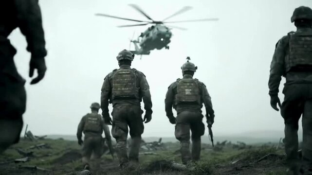 Military personnel in combat gear walking away from viewer, military helicopter hovering in misty background. Rugged terrain with scattered debris