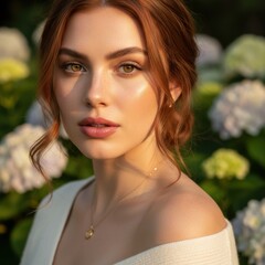 Close-up portrait of a serene young woman in a natural setting