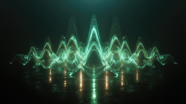 Green glowing sound waves reflecting on a dark surface
