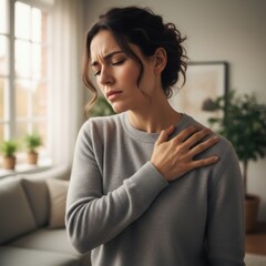 Woman suffering from acute shoulder pain at home, feeling unwell