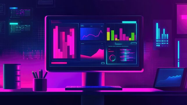 Analyzing business data on a futuristic monitor dashboard