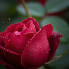 Close-up of a vibrant crimson rose bud with glistening dew drops
