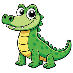 Cartoon Green Alligator With Big Eyes on White Background