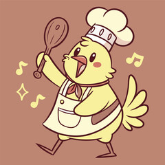 Funny cartoon vector illustration of a smiling chef holding a chicken character