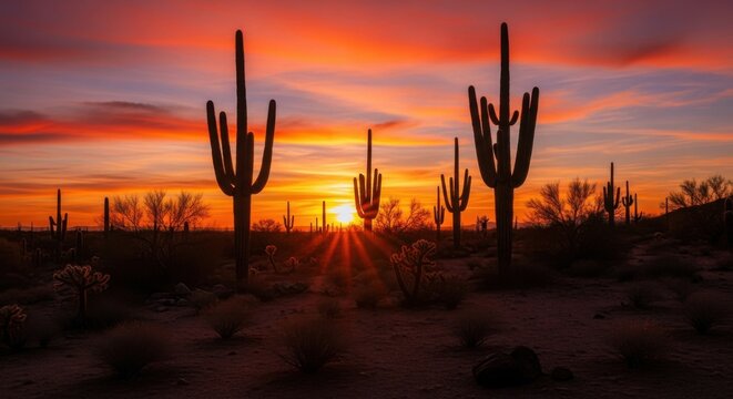Dramatic sunset over the arid Arizona desert landscape with iconic saguaro cacti silhouettes