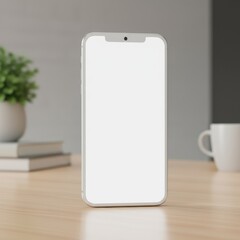 Modern smartphone blank screen mockup on wooden desk, clean space