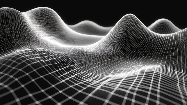 Digital wireframe grid forming abstract landscape waves