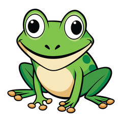 Cartoon Green Frog Sitting, on White Background, Amphibian Art