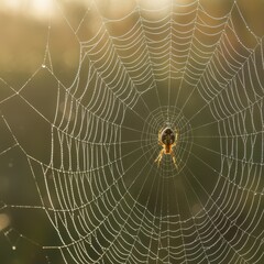 Spider on dewy intricate web at dawn, glistening water droplets.