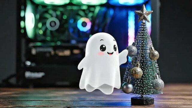 A Cute Ghost Character and a Mini Christmas Tree on a Desk with Computer Hardware