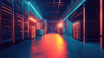 Server room displaying futuristic neon lights and big data technology